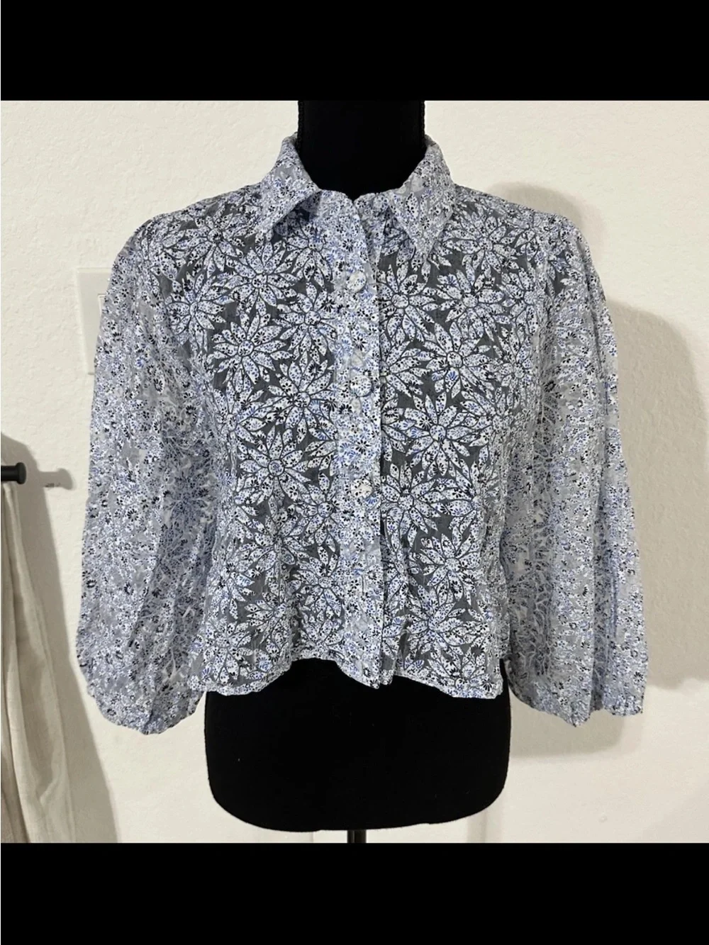 Zara Floral Organza Puff Sleeve Cropped Blouse XS Sheer Button Down Romantic Top